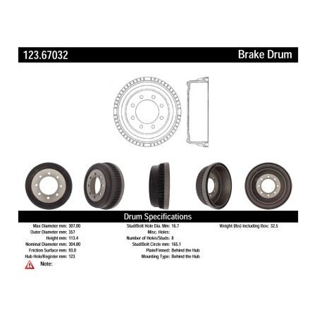 Centric C-Tek Standard Brake Drum, C-Tek 123.67032 123.67032
